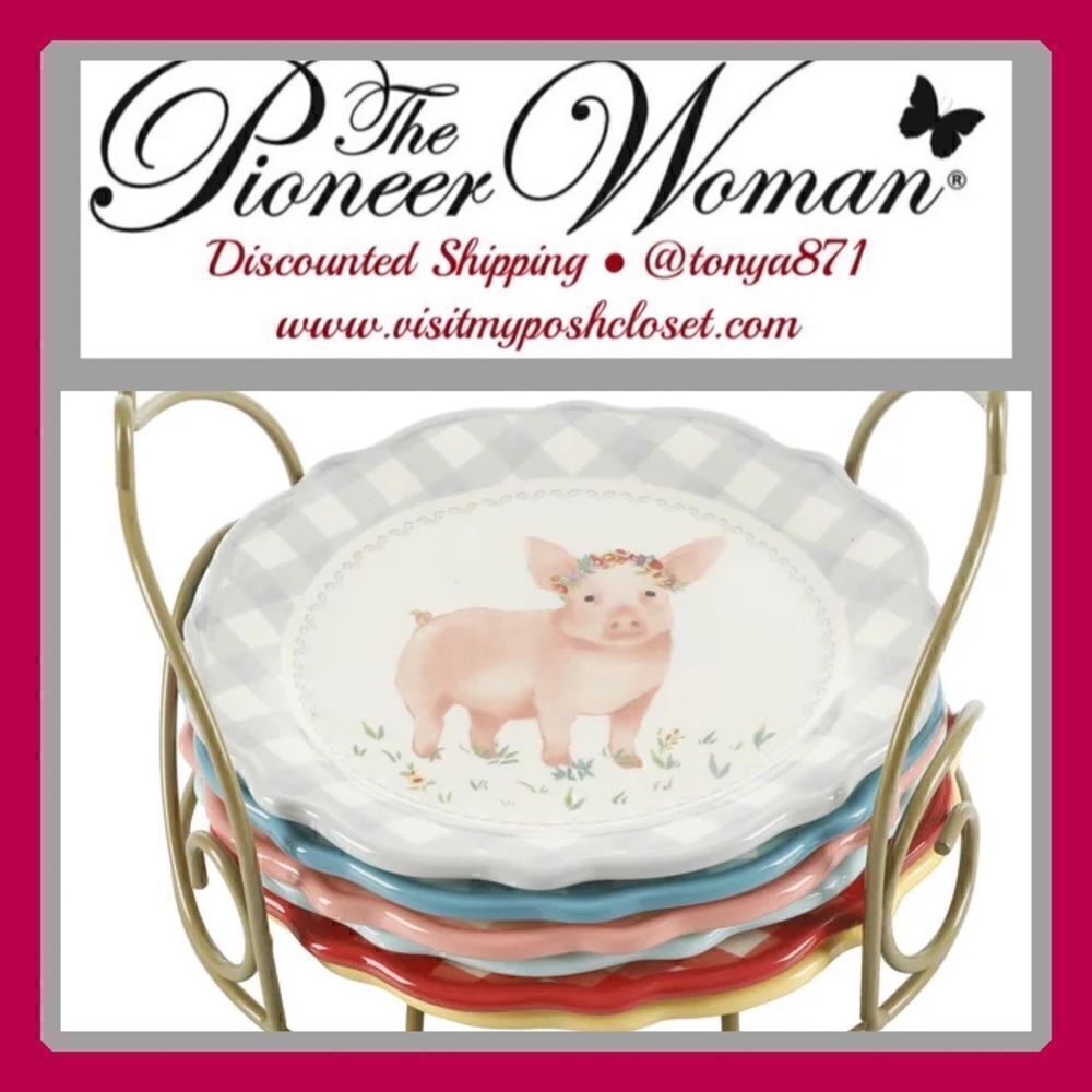 🦋 New Pioneer Woman Novelty 7-Piece Dessert Plate Set with Wire Rack